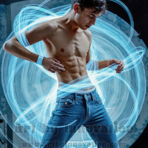 AI-generated abstract art of handsome shirtless men dancing with colorful dynamic light rays wrapping around their bodies. Cosmic, surreal, vivid digital art by Jeff Dupler.