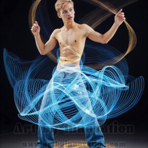 AI-generated abstract art of handsome shirtless men dancing with colorful dynamic light rays wrapping around their bodies. Cosmic, surreal, vivid digital art by Jeff Dupler.