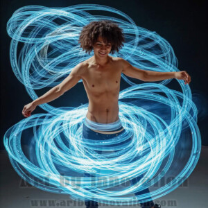 AI-generated abstract art of handsome shirtless men dancing with colorful dynamic light rays wrapping around their bodies. Cosmic, surreal, vivid digital art by Jeff Dupler.