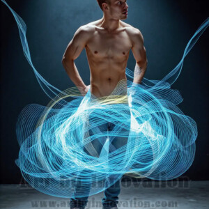 AI-generated abstract art of handsome shirtless men dancing with colorful dynamic light rays wrapping around their bodies. Cosmic, surreal, vivid digital art by Jeff Dupler.