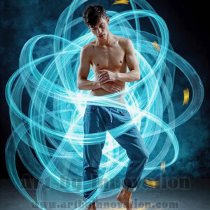 AI-generated abstract art of handsome shirtless men dancing with colorful dynamic light rays wrapping around their bodies. Cosmic, surreal, vivid digital art by Jeff Dupler.