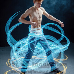 AI-generated abstract art of handsome shirtless men dancing with colorful dynamic light rays wrapping around their bodies. Cosmic, surreal, vivid digital art by Jeff Dupler.