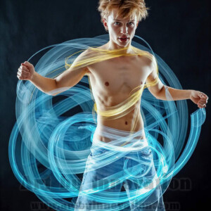 AI-generated abstract art of handsome shirtless men dancing with colorful dynamic light rays wrapping around their bodies. Cosmic, surreal, vivid digital art by Jeff Dupler.
