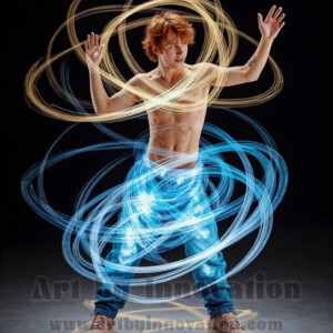 AI-generated abstract art of handsome shirtless men dancing with colorful dynamic light rays wrapping around their bodies. Cosmic, surreal, vivid digital art by Jeff Dupler.