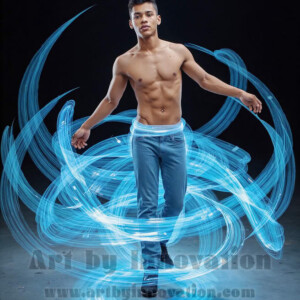 AI-generated abstract art of handsome shirtless men dancing with colorful dynamic light rays wrapping around their bodies. Cosmic, surreal, vivid digital art by Jeff Dupler.