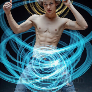 AI-generated abstract art of handsome shirtless men dancing with colorful dynamic light rays wrapping around their bodies. Cosmic, surreal, vivid digital art by Jeff Dupler.