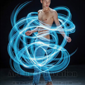 AI-generated abstract art of handsome shirtless men dancing with colorful dynamic light rays wrapping around their bodies. Cosmic, surreal, vivid digital art by Jeff Dupler.