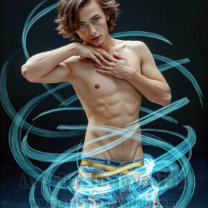 AI-generated abstract art of handsome shirtless men dancing with colorful dynamic light rays wrapping around their bodies. Cosmic, surreal, vivid digital art by Jeff Dupler.