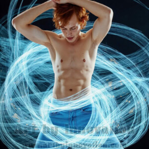 AI-generated abstract art of handsome shirtless men dancing with colorful dynamic light rays wrapping around their bodies. Cosmic, surreal, vivid digital art by Jeff Dupler.