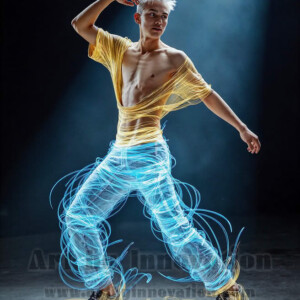AI-generated abstract art of handsome shirtless men dancing with colorful dynamic light rays wrapping around their bodies. Cosmic, surreal, vivid digital art by Jeff Dupler.