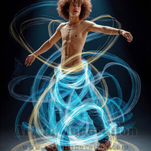 AI-generated abstract art of handsome shirtless men dancing with colorful dynamic light rays wrapping around their bodies. Cosmic, surreal, vivid digital art by Jeff Dupler.