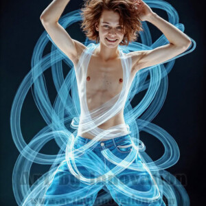 AI-generated abstract art of handsome shirtless men dancing with colorful dynamic light rays wrapping around their bodies. Cosmic, surreal, vivid digital art by Jeff Dupler.