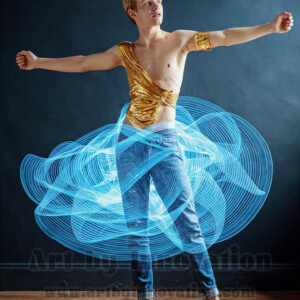 AI-generated abstract art of handsome shirtless men dancing with colorful dynamic light rays wrapping around their bodies. Cosmic, surreal, vivid digital art by Jeff Dupler.