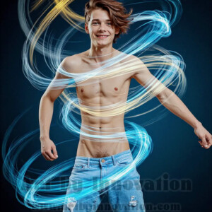 AI-generated abstract art of handsome shirtless men dancing with colorful dynamic light rays wrapping around their bodies. Cosmic, surreal, vivid digital art by Jeff Dupler.