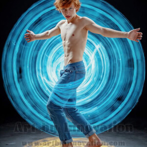 AI-generated abstract art of handsome shirtless men dancing with colorful dynamic light rays wrapping around their bodies. Cosmic, surreal, vivid digital art by Jeff Dupler.