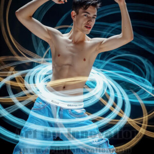 AI-generated abstract art of handsome shirtless men dancing with colorful dynamic light rays wrapping around their bodies. Cosmic, surreal, vivid digital art by Jeff Dupler.
