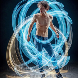 AI-generated abstract art of handsome shirtless men dancing with colorful dynamic light rays wrapping around their bodies. Cosmic, surreal, vivid digital art by Jeff Dupler.