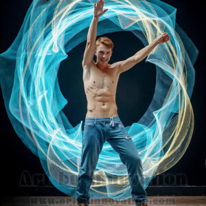 AI-generated abstract art of handsome shirtless men dancing with colorful dynamic light rays wrapping around their bodies. Cosmic, surreal, vivid digital art by Jeff Dupler.