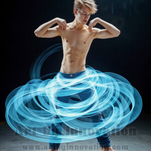 AI-generated abstract art of handsome shirtless men dancing with colorful dynamic light rays wrapping around their bodies. Cosmic, surreal, vivid digital art by Jeff Dupler.