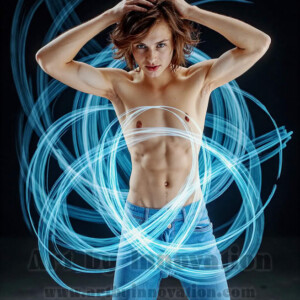 AI-generated abstract art of handsome shirtless men dancing with colorful dynamic light rays wrapping around their bodies. Cosmic, surreal, vivid digital art by Jeff Dupler.