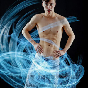 AI-generated abstract art of handsome shirtless men dancing with colorful dynamic light rays wrapping around their bodies. Cosmic, surreal, vivid digital art by Jeff Dupler.