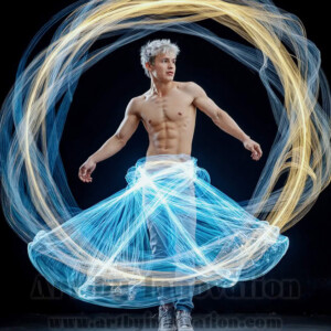 AI-generated abstract art of handsome shirtless men dancing with colorful dynamic light rays wrapping around their bodies. Cosmic, surreal, vivid digital art by Jeff Dupler.