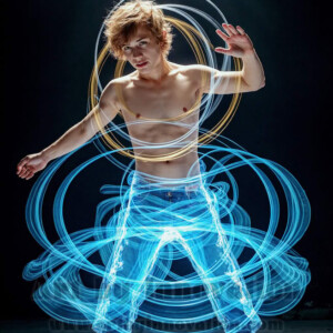 AI-generated abstract art of handsome shirtless men dancing with colorful dynamic light rays wrapping around their bodies. Cosmic, surreal, vivid digital art by Jeff Dupler.