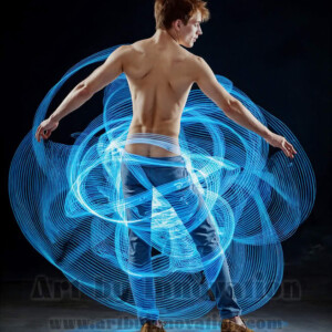 AI-generated abstract art of handsome shirtless men dancing with colorful dynamic light rays wrapping around their bodies. Cosmic, surreal, vivid digital art by Jeff Dupler.