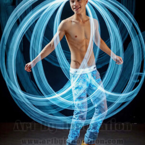 AI-generated abstract art of handsome shirtless men dancing with colorful dynamic light rays wrapping around their bodies. Cosmic, surreal, vivid digital art by Jeff Dupler.