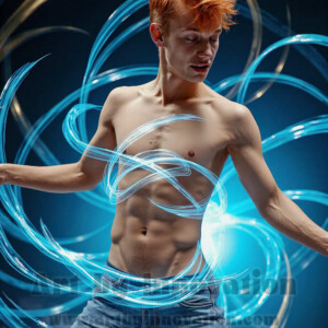 AI-generated abstract art of handsome shirtless men dancing with colorful dynamic light rays wrapping around their bodies. Cosmic, surreal, vivid digital art by Jeff Dupler.