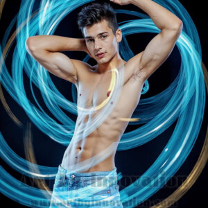 AI-generated abstract art of handsome shirtless men dancing with colorful dynamic light rays wrapping around their bodies. Cosmic, surreal, vivid digital art by Jeff Dupler.
