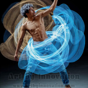 AI-generated abstract art of handsome shirtless men dancing with colorful dynamic light rays wrapping around their bodies. Cosmic, surreal, vivid digital art by Jeff Dupler.
