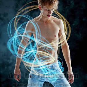 AI-generated abstract art of handsome shirtless men dancing with colorful dynamic light rays wrapping around their bodies. Cosmic, surreal, vivid digital art by Jeff Dupler.