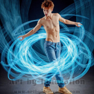 AI-generated abstract art of handsome shirtless men dancing with colorful dynamic light rays wrapping around their bodies. Cosmic, surreal, vivid digital art by Jeff Dupler.