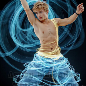 AI-generated abstract art of handsome shirtless men dancing with colorful dynamic light rays wrapping around their bodies. Cosmic, surreal, vivid digital art by Jeff Dupler.
