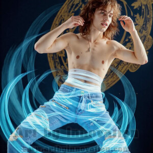 AI-generated abstract art of handsome shirtless men dancing with colorful dynamic light rays wrapping around their bodies. Cosmic, surreal, vivid digital art by Jeff Dupler.