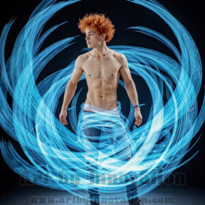 AI-generated abstract art of handsome shirtless men dancing with colorful dynamic light rays wrapping around their bodies. Cosmic, surreal, vivid digital art by Jeff Dupler.