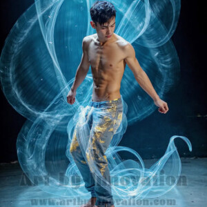 AI-generated abstract art of handsome shirtless men dancing with colorful dynamic light rays wrapping around their bodies. Cosmic, surreal, vivid digital art by Jeff Dupler.