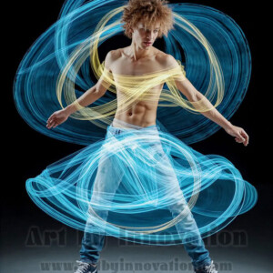 AI-generated abstract art of handsome shirtless men dancing with colorful dynamic light rays wrapping around their bodies. Cosmic, surreal, vivid digital art by Jeff Dupler.