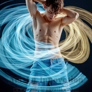 AI-generated abstract art of handsome shirtless men dancing with colorful dynamic light rays wrapping around their bodies. Cosmic, surreal, vivid digital art by Jeff Dupler.