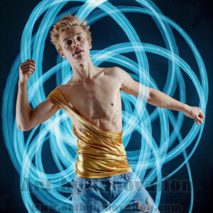 AI-generated abstract art of handsome shirtless men dancing with colorful dynamic light rays wrapping around their bodies. Cosmic, surreal, vivid digital art by Jeff Dupler.