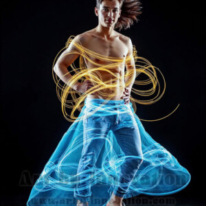AI-generated abstract art of handsome shirtless men dancing with colorful dynamic light rays wrapping around their bodies. Cosmic, surreal, vivid digital art by Jeff Dupler.
