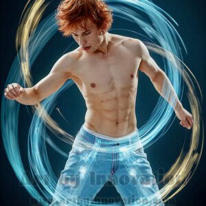 AI-generated abstract art of handsome shirtless men dancing with colorful dynamic light rays wrapping around their bodies. Cosmic, surreal, vivid digital art by Jeff Dupler.