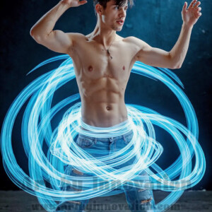 AI-generated abstract art of handsome shirtless men dancing with colorful dynamic light rays wrapping around their bodies. Cosmic, surreal, vivid digital art by Jeff Dupler.