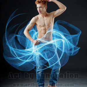 AI-generated abstract art of handsome shirtless men dancing with colorful dynamic light rays wrapping around their bodies. Cosmic, surreal, vivid digital art by Jeff Dupler.