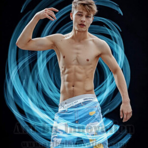 AI-generated abstract art of handsome shirtless men dancing with colorful dynamic light rays wrapping around their bodies. Cosmic, surreal, vivid digital art by Jeff Dupler.