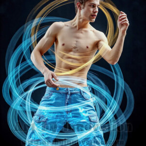 AI-generated abstract art of handsome shirtless men dancing with colorful dynamic light rays wrapping around their bodies. Cosmic, surreal, vivid digital art by Jeff Dupler.