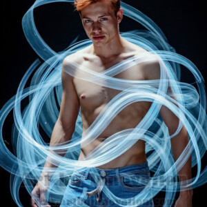 AI-generated abstract art of handsome shirtless men dancing with colorful dynamic light rays wrapping around their bodies. Cosmic, surreal, vivid digital art by Jeff Dupler.