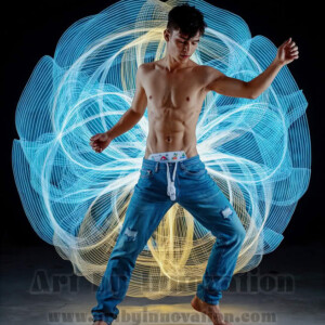 AI-generated abstract art of handsome shirtless men dancing with colorful dynamic light rays wrapping around their bodies. Cosmic, surreal, vivid digital art by Jeff Dupler.