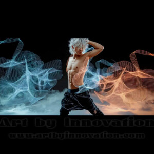 AI-generated abstract art of handsome shirtless men dancing with colorful dynamic light rays wrapping around their bodies. Cosmic, surreal, vivid digital art by Jeff Dupler.